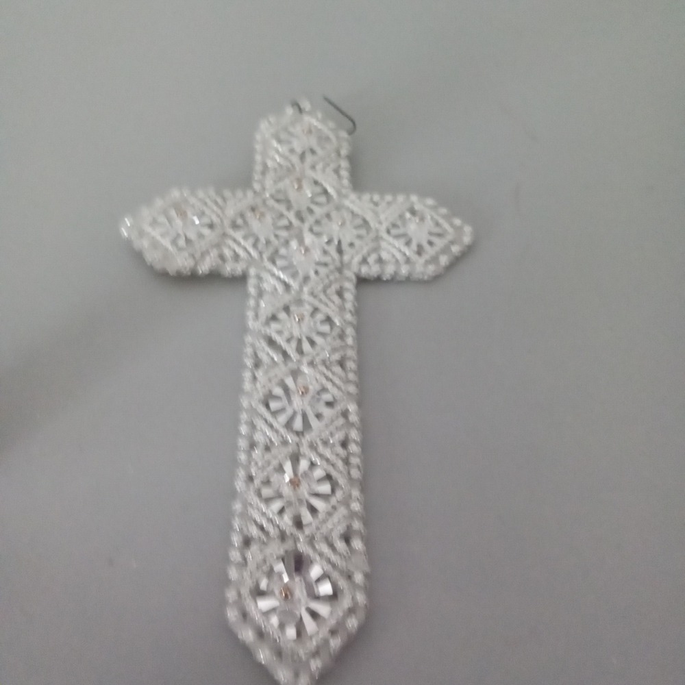 Handmade Plastic Canvas Cross Ornament White Silver Sequin Religious Decor 7.5"